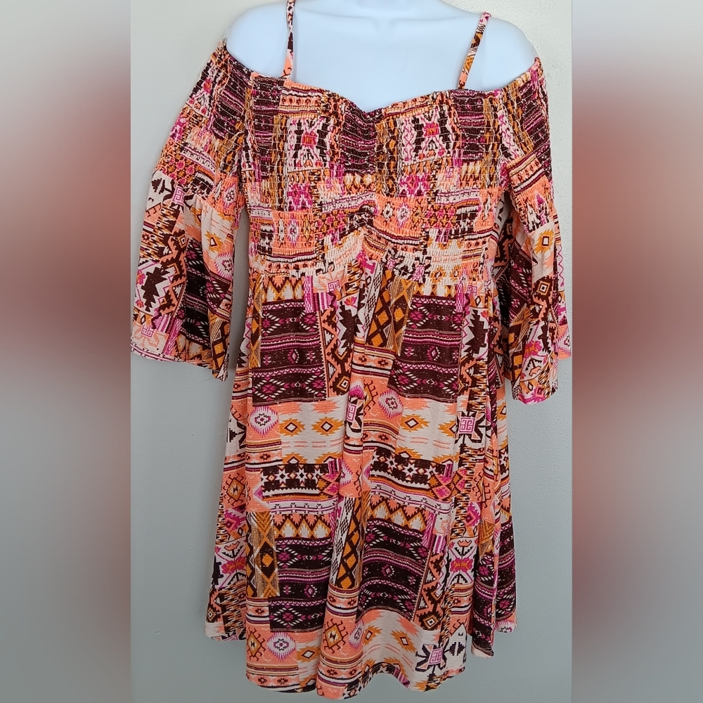 Cato Aztec Print Smocked Dress Knee High Trop Scape Cantaloupe Color Sz L NWT